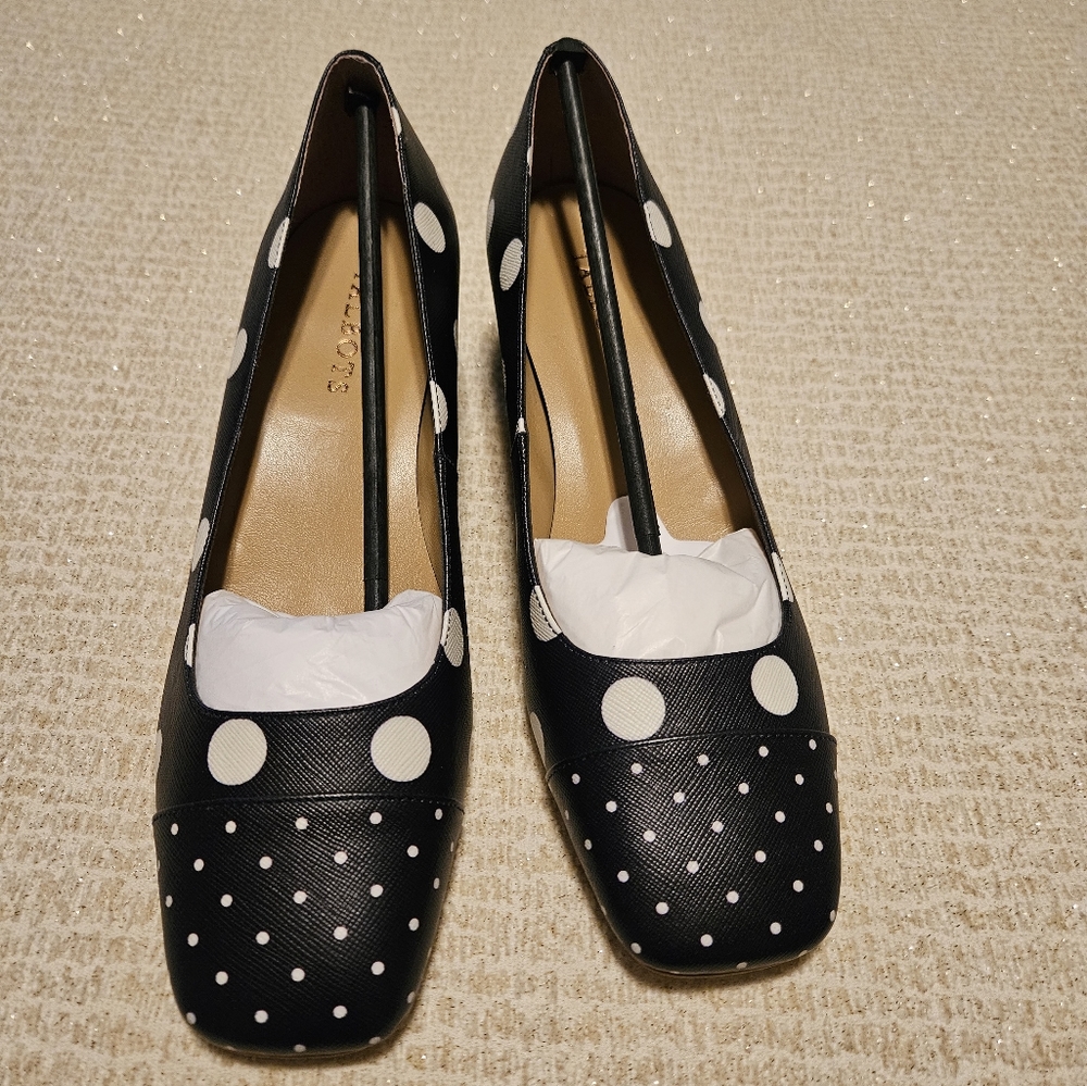 Talbots Size 8 1/2  Saffiano Leather Women's Shoes Dark Blue Polka Dot